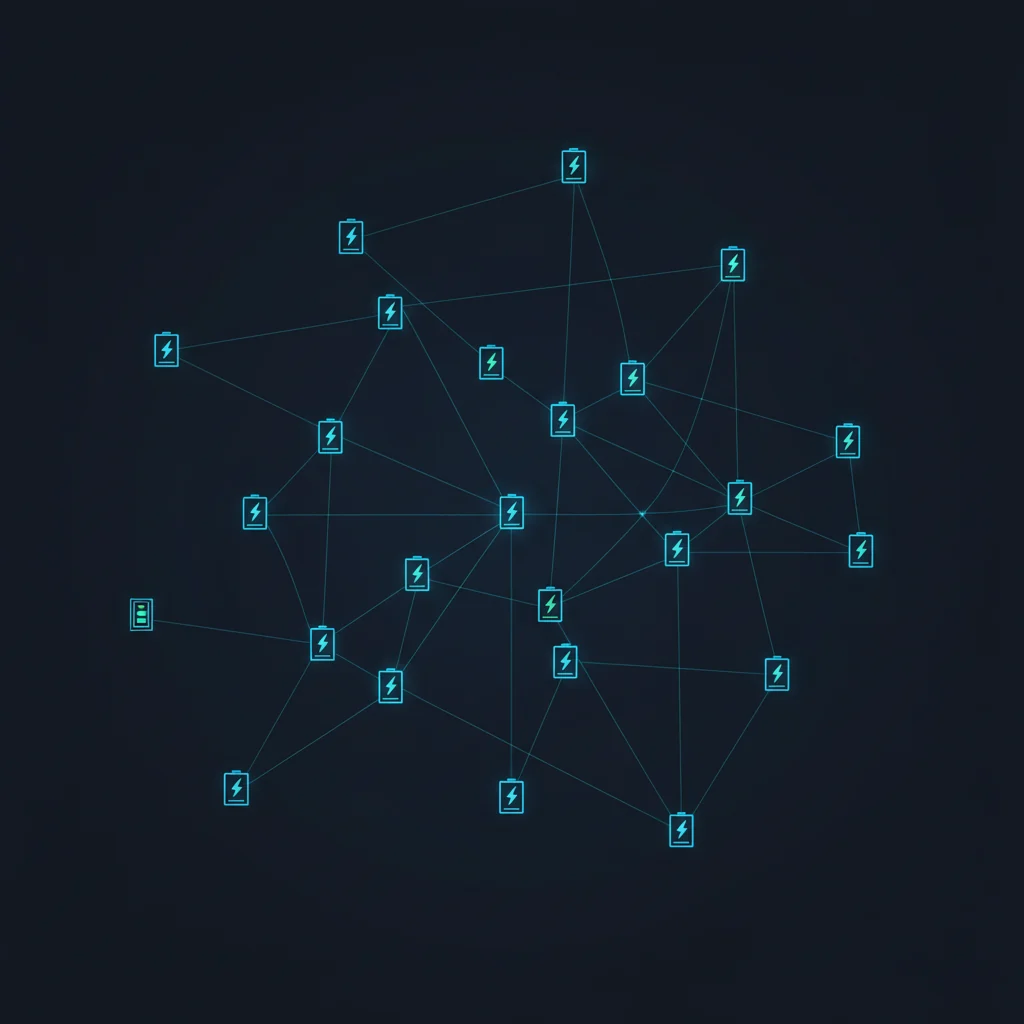 Stylized network of EV fast-charging stations connected by glowing cyan lines