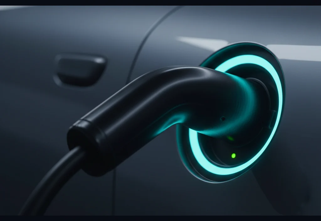 Close-up macro of a generic EV charging connector being plugged in at night, glowing cyan LED ring around the port
