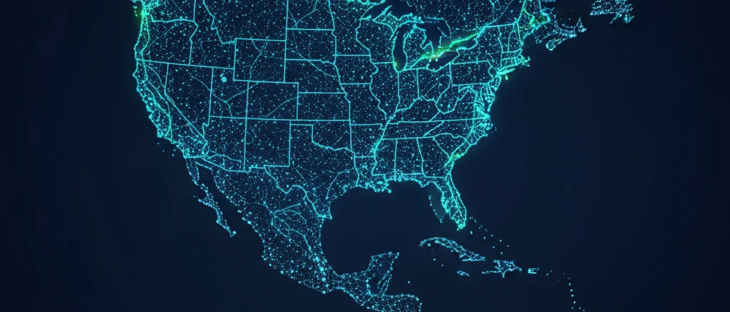 Stylized US-shaped EV charging network map with glowing cyan station nodes connected by thin light lines